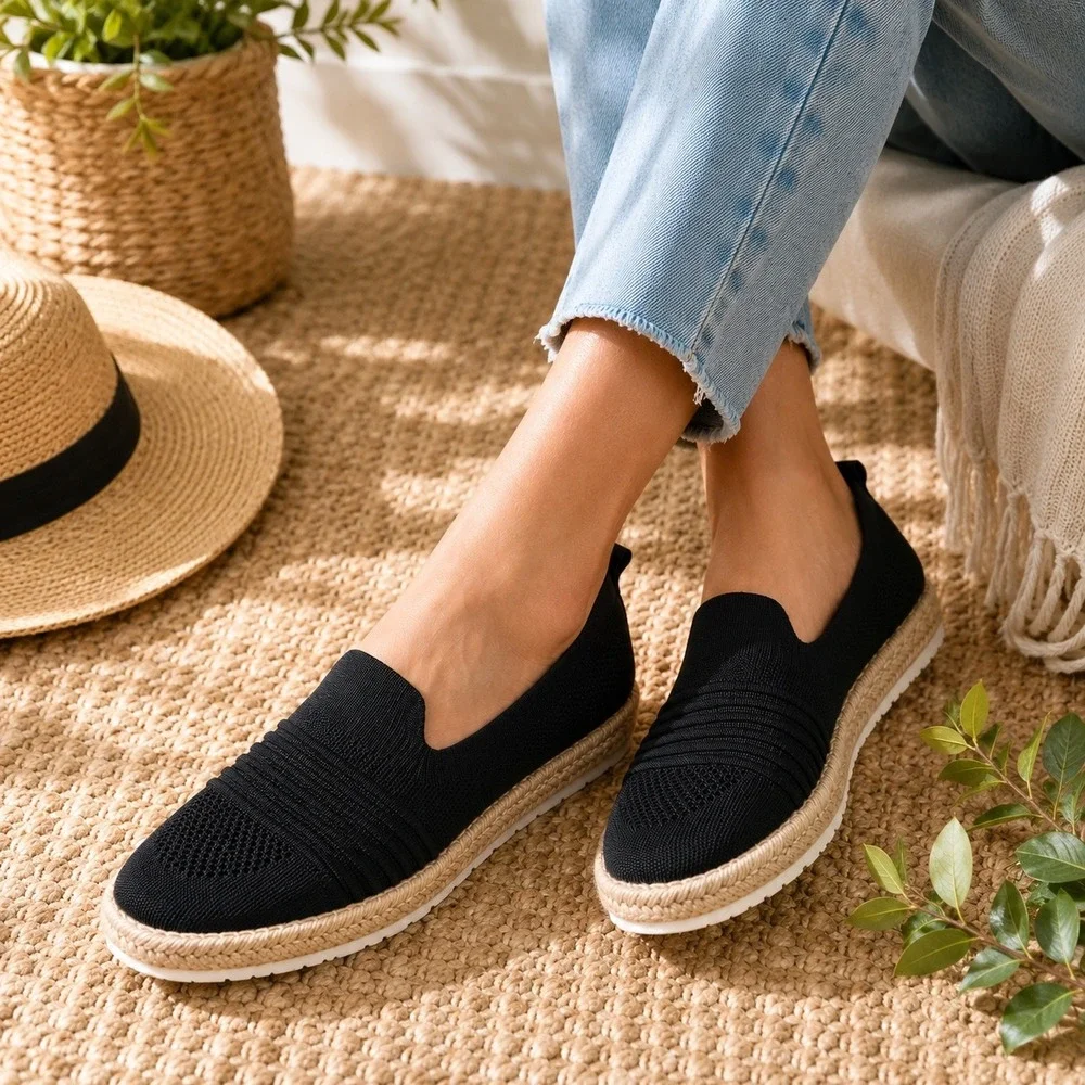Adrienne Vittadini Knit Espadrille Slip On Flats Black Women's 6.5 Travel